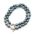Doppellagige dunkle schimmernde Süßwasserperlen Halskette ovale Perlen eleganter Schmuck - 021 Graue Reisperle (Herzverschluss) / 8-9mm/43cm