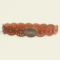 Close-up detail of the vintage boho women belt, featuring turquoise stones and carved metal buckle. - Antique Bronze Camel
