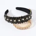 Baroque crystal flower headband, vintage black velvet hair hoop with faux pearls and rhinestones. - Black