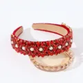 Red velvet rhinestone headband detail, crystal flower pearl hair accessory for women. - Red