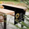 Camino de mesa de lino con estampado de girasol y texto para decoracion de comedor - 33X180cm / Negro