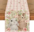 Easter bunny linen table runner, pink gingham floral dining table decor for kitchen home - 33x90cm / 2