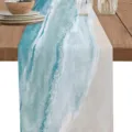 Camino de Mesa con Diseno de Olas de Playa de Lino Azul Decoracion de Comedor - 33x90cm / Lino 55g / Negro y Rojo (02)