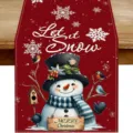 Christmas table runner with cute snowman and bird print, festive holiday dining decor fabric. - 33x90cm / 2