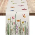 Camino de mesa de lino con diseño floral y mariposa en acuarela para decoración de primavera. - Floral con mariposa