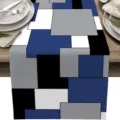 Camino de mesa geométrico de lino azul, gris, negro y blanco con diseño moderno. - 33x275cm / Azul