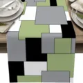 Camino de mesa de lino geometrico, mantel verde gris negro y blanco para decoracion de comedor - 33x275cm / Verde