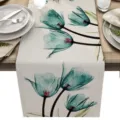 Camino de mesa de lino con diseño floral de tulipán turquesa, elegante decoración de comedor. - Tulipán Azul-Verde