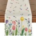 Hermoso camino de mesa de lino con tulipanes de acuarela para decoración de comedor hogar. - Tulipán Lavanda
