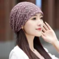 Women Lace Breathable Turban Hat Hollow Floral Chemo Cap Thin Head Cover for White Hair - Adult / Purple