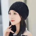 Black lace rhinestone slouchy cap for women, breathable thin spring summer turban hat. - Black