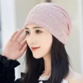 Detail view of women pink lace rhinestone slouchy hat, breathable chemo cap header daily wear. - Pink