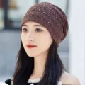 Brown lace rhinestone cap, breathable mesh turban hat for women, elegant daily headwear. - Coffee