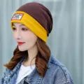 Berretto invernale da donna in morbido peluche caldo, cappellino slouchy con toppa. - Taglia unica / Modello Caldo Foderato in Pile / Marrone con Bordo Giallo