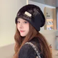 Winter warm plush beanie hat for women, soft furry fleece cap, windproof outdoor knit cap - L (56-62cm) / Metal Badge Style / Black