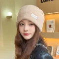 Fuzzy Warm Winter Beanie Hat for Women Khaki Knit Cap Outdoor Windproof & Soft - L (56-62cm) / Metal Badge Style / Khaki