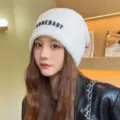 White fluffy beanie hat for women, warm plush winter knit cap with stylish letter embroidery. - L (56-62cm) / Letter Style / White