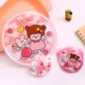 Cute cartoon folding fan and pouch set, pink portable mini round fan for students daily use. - Enchanting Peach Blossoms