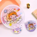 Cute cartoon folding round fan with storage pouch, portable mini cloth fan for students. - Moon Girl