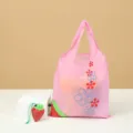 Foldable reusable shopping bag with cute strawberry pouch, portable polyester storage tote. - Strawberry Pink