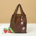 Foldable reusable shopping bag with cute strawberry storage pouch, lightweight polyester. - Strawberry Coffee