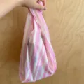 Mini folding shopping bag, pink and white striped waterproof portable eco handbag. - Mixed Berries