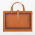 Brown leather business briefcase document bag with dual handles and secure strap closure. - Handheld Double-Pocket Document Bag / Brown