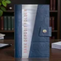Blue leather financial document organizer folder with clear pocket for secure bill receipt storage. - Blue Deposit Certificate Holder with Transparent Pockets