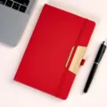 A5 red hardcover notebook with wooden phone stand holder and elastic band. Business office stationery. - Stand Foldable Notebook / Red