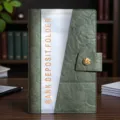 Green leather bank deposit folder organizer with transparent pockets and secure snap closure. - Green Deposit Certificate Holder with Transparent Pockets