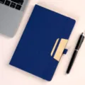 A5 business notebook with blue cover wooden buckle elastic band professional office notepad - Stand Foldable Notebook / Blue