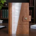 Brown PU leather bank deposit folder organizer with transparent insert pockets for bills. - Brown Certificate Holder / Transparent Stitching