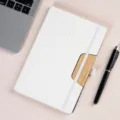 White A5 notebook with wooden phone stand and elastic band, elegant business diary. - Stand Foldable Notebook / White