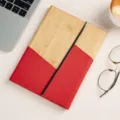 A5 wooden and red leather spliced notebook with black elastic band, stylish business journal. - Three-Fold Wood Grain Patchwork / Red