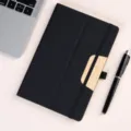 Black A5 notebook with elastic band and wood accent, ideal for business corporate custom use. - Stand Foldable Notebook / Black