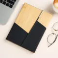 A5 trifold wooden and leather notebook business journal executive office planner pad - Three-Fold Wood Grain Patchwork / Black