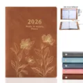 2026 weekly monthly planner a5 leather notebook with gold foil floral design layout - Floral, Brown, 2026 English Version