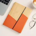 A5 wooden and orange leather spliced notebook with elastic band for business office use. - Three-Fold Wood Grain Patchwork / Orange