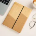 A5 wooden and cork spliced business notebook with elastic band for custom corporate logo. - Three-Fold Wood Grain Patchwork / Little Floral