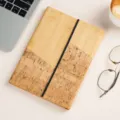 A5 wooden and cork splice hardcover notebook with elastic band for business office use. - Three-Fold Wood Grain Patchwork / Large Floral