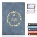 2026 A5 monthly planner notebook with soft faux leather cover and elegant gold foil design. - Wreath / Royal Blue / 2026 English Version
