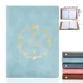 A5 Blue Leather 2026 Monthly Planner Notebook with Ring Binding and Gold Foil Wreath - Wreath / Blue / 2026 English Version