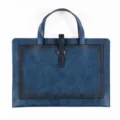 Blue leather business briefcase with top handles and buckle strap for commuting and work. - Handheld Double-Pocket Document Bag - Upgraded / Blue