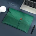 Dark green leather A4 document bag, stylish button closure file folder for office and business. - Document Bag with Button / Green