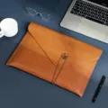 Brown leather A4 document bag envelope folder with button string closure office organizer - Document Bag with Button / Brown
