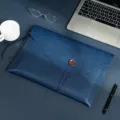 A4 leather document bag business file folder with button closure and portable strap. - Document Bag with Handle and Button / Blue