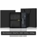 Black gift box set including an A5 leather journal, metal pen, refill, box and gift bag. - Gift Set / Business Black