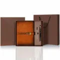 A5 vintage leather notebook gift set with metal pen box and bag for business. - Gift Set / Classic Brown