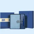 Blue notebook gift set with hardcover journal, metal pen and luxury packaging box for office. - Honeycomb Pattern Blue with Core Gray Buckle Blue Square Box