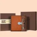 Leather notebook gift set with pen and box for business office and daily journaling. - Honeycomb Pattern Brown Notebook with Blue Buckle, Brown Square Box, New U-clasp